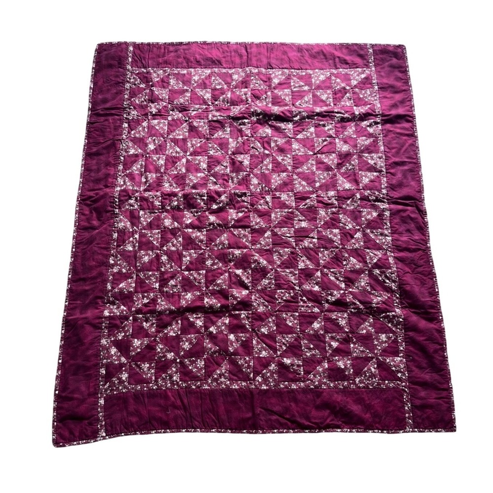 VTG Handmade Burgundy Pinwheel Patchwork Quilt Floral Cotton Throw Cottagecore